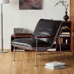 Rackhams Prasad Lounge Chair Armchair With Ottoman, Real Leather - Black - thumbnail 1