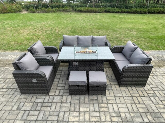 Rackhams Garden Patio Furniture Wicker Rattan Gas Fire Pit Table and Sofa Chair set with 2 Small Footstools Dark Grey Mixed - image 1