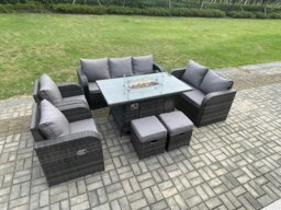 Rackhams Garden Patio Furniture Wicker Rattan Gas Fire Pit Table and Sofa Chair set with 2 Small Footstools Dark Grey Mixed - thumbnail 2