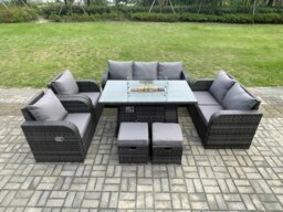 Rackhams Garden Patio Furniture Wicker Rattan Gas Fire Pit Table and Sofa Chair set with 2 Small Footstools Dark Grey Mixed - thumbnail 1