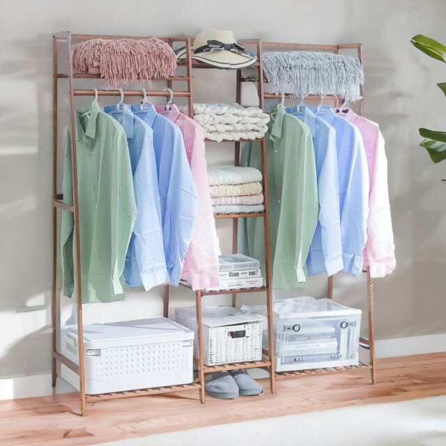 Rackhams Large Wooden Open Wardrobe Garment Rail With Storage Shelves Natural - image 1