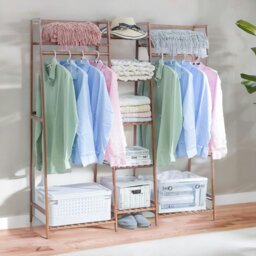 Rackhams Large Wooden Open Wardrobe Garment Rail With Storage Shelves Natural