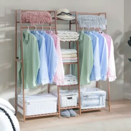 Rackhams Large Wooden Open Wardrobe Garment Rail With Storage Shelves Natural - thumbnail 2