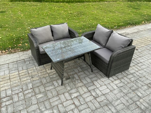 Rackhams Outdoor Garden Furniture Sets 3 Pieces Wicker Rattan Furniture Sofa Sets with Rectangular Dining Table Love Sofa - image 1