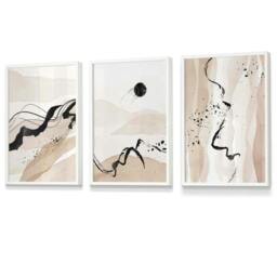 Rackhams Set of 3 Abstract Beige and Black Landscape Wall Art Prints / Framed - 30x42cm (A3) - White - thumbnail 1
