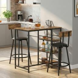 Rackhams Space Saving Bar Table and PU Leather Stools for 2, Rustic Brown - thumbnail 1