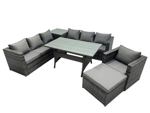 Rackhams 8 Seater Outdoor Corner Sofa Chair Dining Table Set Garden Rattan Furniture Set with Side Table Big Stool Dark Grey - image 1