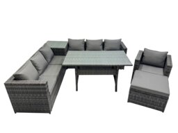 Rackhams 8 Seater Outdoor Corner Sofa Chair Dining Table Set Garden Rattan Furniture Set with Side Table Big Stool Dark Grey - thumbnail 2