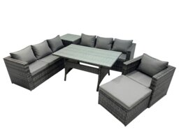 Rackhams 8 Seater Outdoor Corner Sofa Chair Dining Table Set Garden Rattan Furniture Set with Side Table Big Stool Dark Grey - thumbnail 1