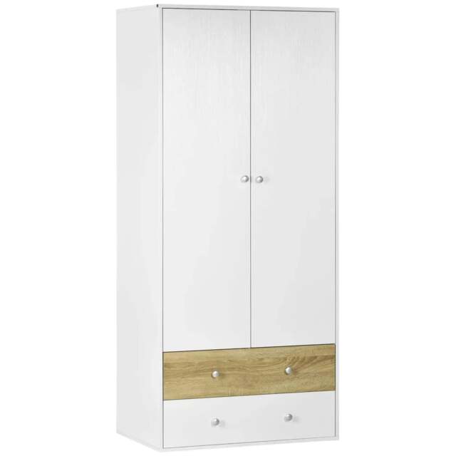 Rackhams 2-Door Wardrobe with 2 Drawers, Hanging Rod and Anti-tipping Straps for Bedroom Clothes Storage Organisation, White - image 1