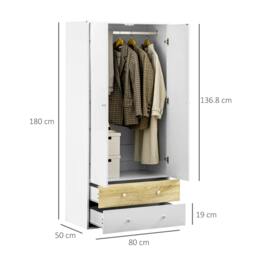 Rackhams 2-Door Wardrobe with 2 Drawers, Hanging Rod and Anti-tipping Straps for Bedroom Clothes Storage Organisation, White - thumbnail 3