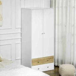 Rackhams 2-Door Wardrobe with 2 Drawers, Hanging Rod and Anti-tipping Straps for Bedroom Clothes Storage Organisation, White - thumbnail 2