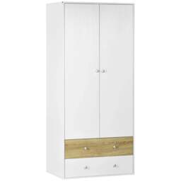 Rackhams 2-Door Wardrobe with 2 Drawers, Hanging Rod and Anti-tipping Straps for Bedroom Clothes Storage Organisation, White - thumbnail 1