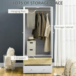 Rackhams 2-Door Wardrobe with 2 Drawers, Hanging Rod and Anti-tipping Straps for Bedroom Clothes Storage Organisation, White - thumbnail 4