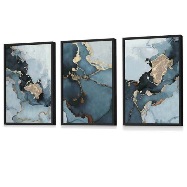 Rackhams Set of 3 Abstract Teal Blue and Gold Framed Wall Art Prints - 59x84cm (A1) - Black - image 1