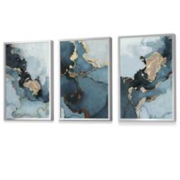 Rackhams Set of 3 Abstract Teal Blue and Gold Framed Wall Art Prints - 59x84cm (A1) - Black - thumbnail 6