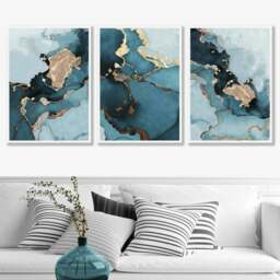 Rackhams Set of 3 Abstract Teal Blue and Gold Framed Wall Art Prints - 59x84cm (A1) - Black - thumbnail 3