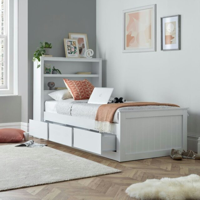 Rackhams Enzo White Wooden 3 Drawer Bookcase Bed Single - Single With Pocket Mattress - image 1