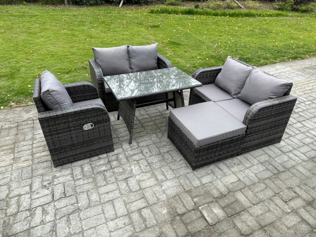 Rackhams Outdoor Garden Dining Sets Rattan Furniture With Dining Table Armchairs Love Sofa Big Footstool Dark Grey Mixed - image 1
