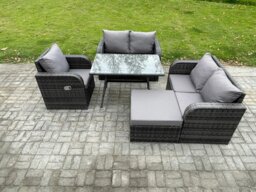 Rackhams Outdoor Garden Dining Sets Rattan Furniture With Dining Table Armchairs Love Sofa Big Footstool Dark Grey Mixed - thumbnail 2
