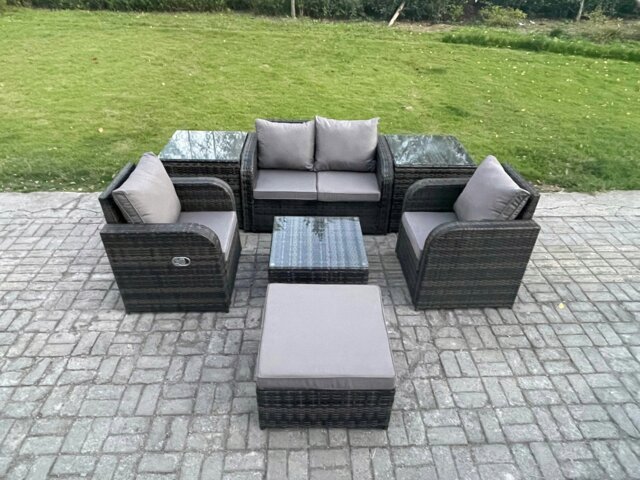 Rackhams Rattan Garden Furniture Set Patio Conservatory Indoor Outdoor 7 Piece Set with Love Sofa Square Coffee Table 2 Side Tables Big Footstool - image 1