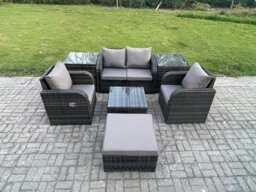 Rackhams Rattan Garden Furniture Set Patio Conservatory Indoor Outdoor 7 Piece Set with Love Sofa Square Coffee Table 2 Side Tables Big Footstool - thumbnail 1