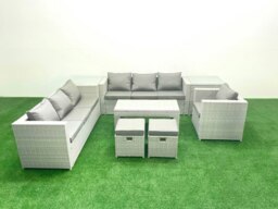 Rackhams Wicker PE Rattan Sofa Garden Furniture Set with Oblong Coffee Table Armchair 2 Small Footstools 2 Side Tables Light Grey Mixed - thumbnail 2