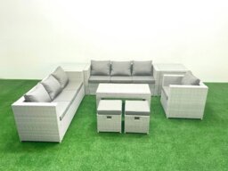 Rackhams Wicker PE Rattan Sofa Garden Furniture Set with Oblong Coffee Table Armchair 2 Small Footstools 2 Side Tables Light Grey Mixed - thumbnail 1