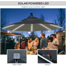 Rackhams 3(m) Cantilever Parasol Hanging Banana Umbrella w/ lights, Black - Grey - 3m - thumbnail 4