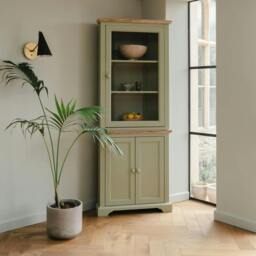 Rackhams Florence Corner Display Cabinet, Glass Door Assembled Dresser - Sage Green - thumbnail 1