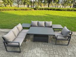 Rackhams Aluminium Garden Furniture Sets,7 Seater Outdoor Sofa Dining Set with Adjustable Rising Lifting Dining Table 2 Side Tables Cushions Dark Grey - thumbnail 2
