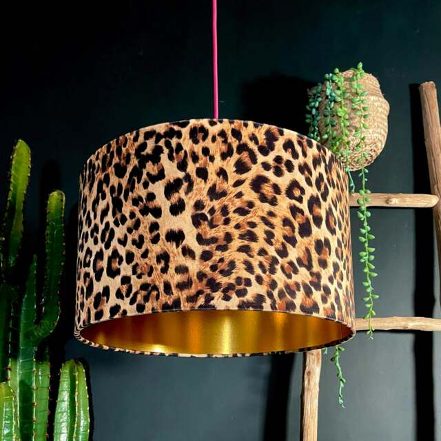 "Rackhams Luxe Leopard Velvet Lampshade with Gold Lining - Table / Floor Lamp - 50cm diameter x 30cm height (20"" x 12"")" - image 1