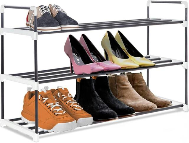 Rackhams 3 Tier Heavy Duty Metal Shoe Quick Assembly Shoe Rack Shoe Storage Cabinet Holds Upto 12-15 Pairs - Shoe Rack - Grey - Metal - image 1