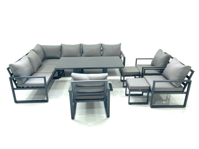 Rackhams Aluminium Outdoor Garden Furniture Set Corner Sofa 3 Chair 2 Small Footstool Adjustable Rising Lifting Dining Table Sets Dark Grey