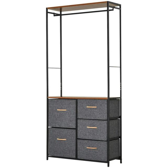 Rackhams Chest of Drawers with Coat rack Steel Frame 5 Drawers Bedroom Hallway Home Furniture Black Brown - image 1