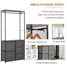 Rackhams Chest of Drawers with Coat rack Steel Frame 5 Drawers Bedroom Hallway Home Furniture Black Brown - thumbnail 5