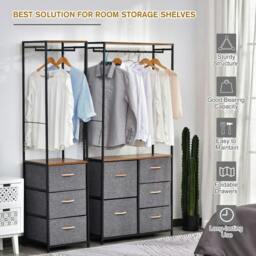 Rackhams Chest of Drawers with Coat rack Steel Frame 5 Drawers Bedroom Hallway Home Furniture Black Brown - thumbnail 4