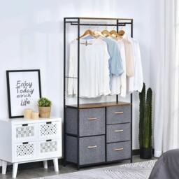 Rackhams Chest of Drawers with Coat rack Steel Frame 5 Drawers Bedroom Hallway Home Furniture Black Brown - thumbnail 2