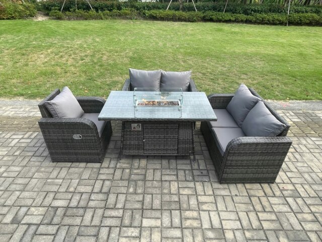 Rackhams Patio Rattan Garden Furniture Set with Gas Fire Pit Dining Table Indoor Outdoor 4 piece Love Sofa set - image 1