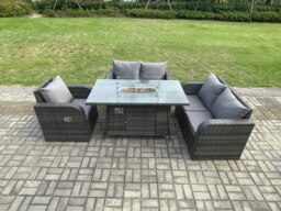 Rackhams Patio Rattan Garden Furniture Set with Gas Fire Pit Dining Table Indoor Outdoor 4 piece Love Sofa set - thumbnail 1