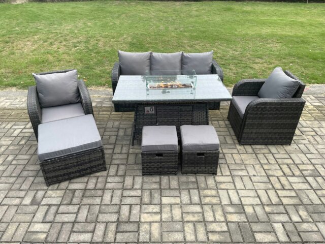 Rackhams Wicker Rattan Garden Furniture Sofa Set Gas Fire Pit Dining Table Indoor Outdoor with Chair 3 Footstools - image 1