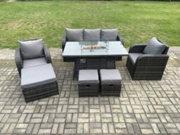 Rackhams Wicker Rattan Garden Furniture Sofa Set Gas Fire Pit Dining Table Indoor Outdoor with Chair 3 Footstools - thumbnail 1