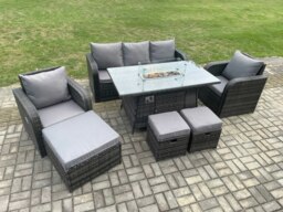 Rackhams Wicker Rattan Garden Furniture Sofa Set Gas Fire Pit Dining Table Indoor Outdoor with Chair 3 Footstools - thumbnail 2