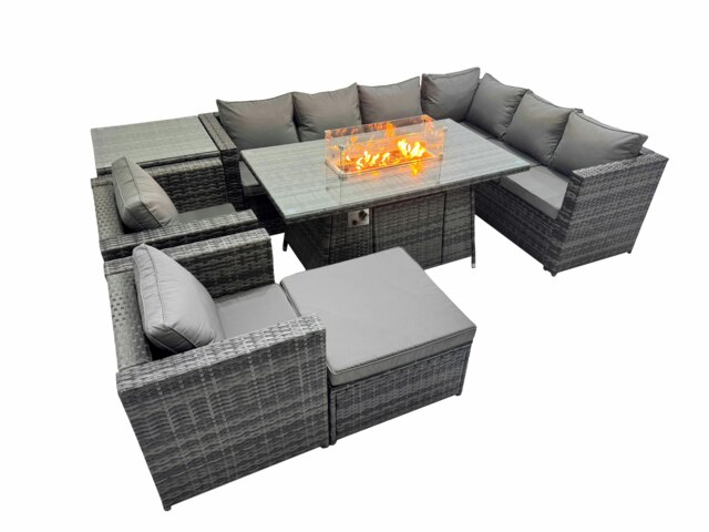 Rackhams Garden Rattan Furniture Set 9 Seater Outdoor Corner Sofa 2 Chair Gas Fire Pit Dining Table Set with Big Stool Side Table Dark Grey - image 1