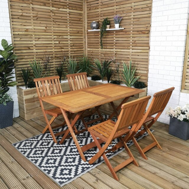 Rackhams Outdoor 4 Person Folding Rectangular Wooden Garden Patio Dining Table Chairs Set - Outdoor Furniture Sets - image 1