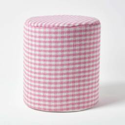 Rackhams Gingham Check Round Pouffe Cotton - 40 x 42 cm - Pink - thumbnail 1