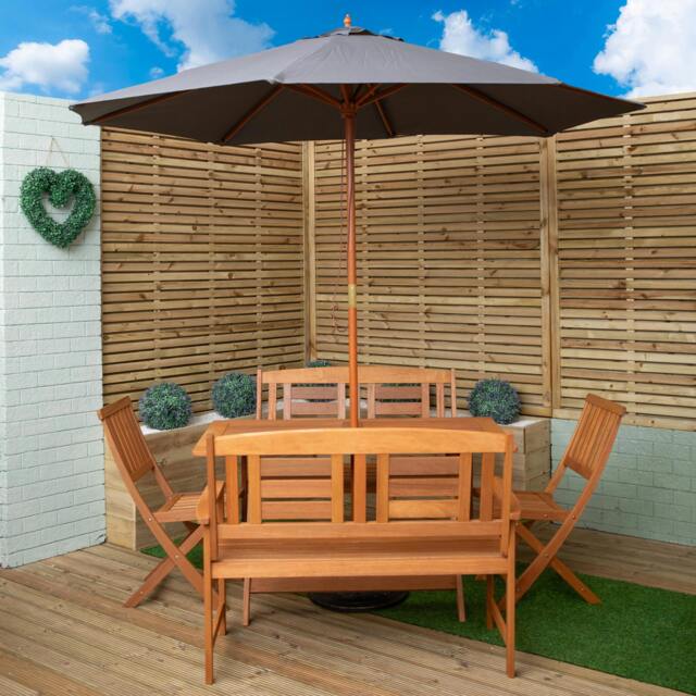 Rackhams Outdoor 6 Person Folding Rectangular Wooden Garden Dining Table Chairs and 2 Benches Grey Parasol and Base set - Outdoor Furniture Sets - image 1