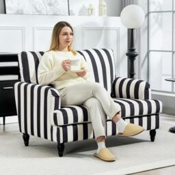 Rackhams Cuddle Chair with Stripe, Armchair for Living Room, Black and White - Turned rubberwood with anti-slip pads - Black and White - Velvet