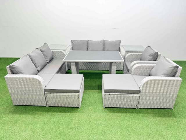 Rackhams 10 Seater Wicker PE Rattan Furniture Outdoor Dining Table 3 Seater Sofa Reclining Chair Set with 2 Side Tables 2 Big Stools Light Grey - image 1