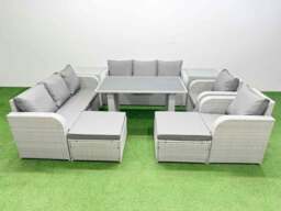 Rackhams 10 Seater Wicker PE Rattan Furniture Outdoor Dining Table 3 Seater Sofa Reclining Chair Set with 2 Side Tables 2 Big Stools Light Grey - thumbnail 1